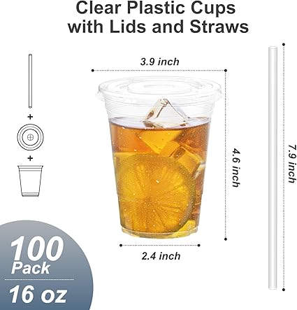 Clear Plastic Cups with Lids and Straws, 16 oz 100-Pack ($0.20/Unit)