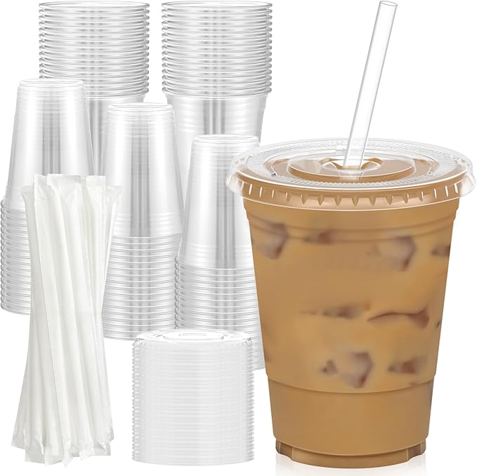 Clear Plastic Cups with Lids and Straws, 16 oz 100-Pack ($0.20/Unit)