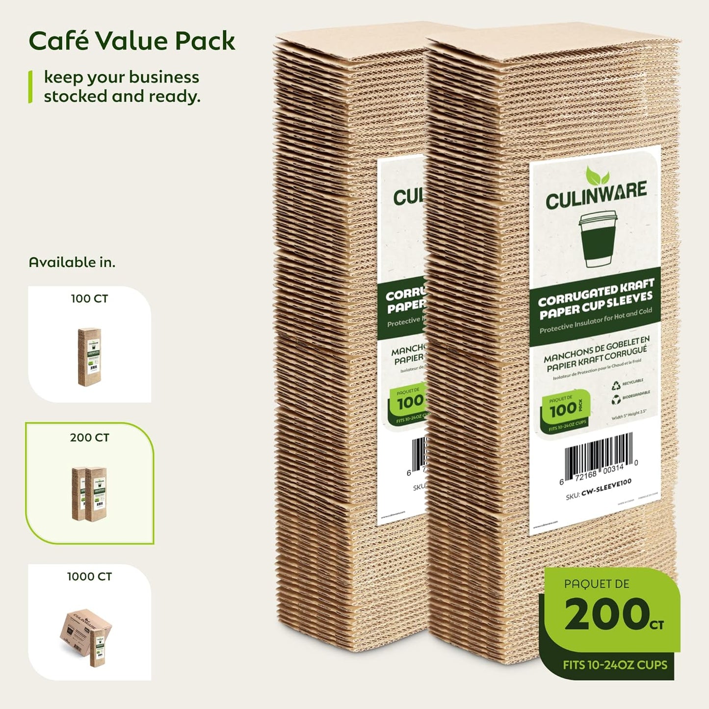 Kraft Corrugated Cardboard Sleeve for paper 12/ 24oz paper cups 200-Pack ($0.11/Unit)