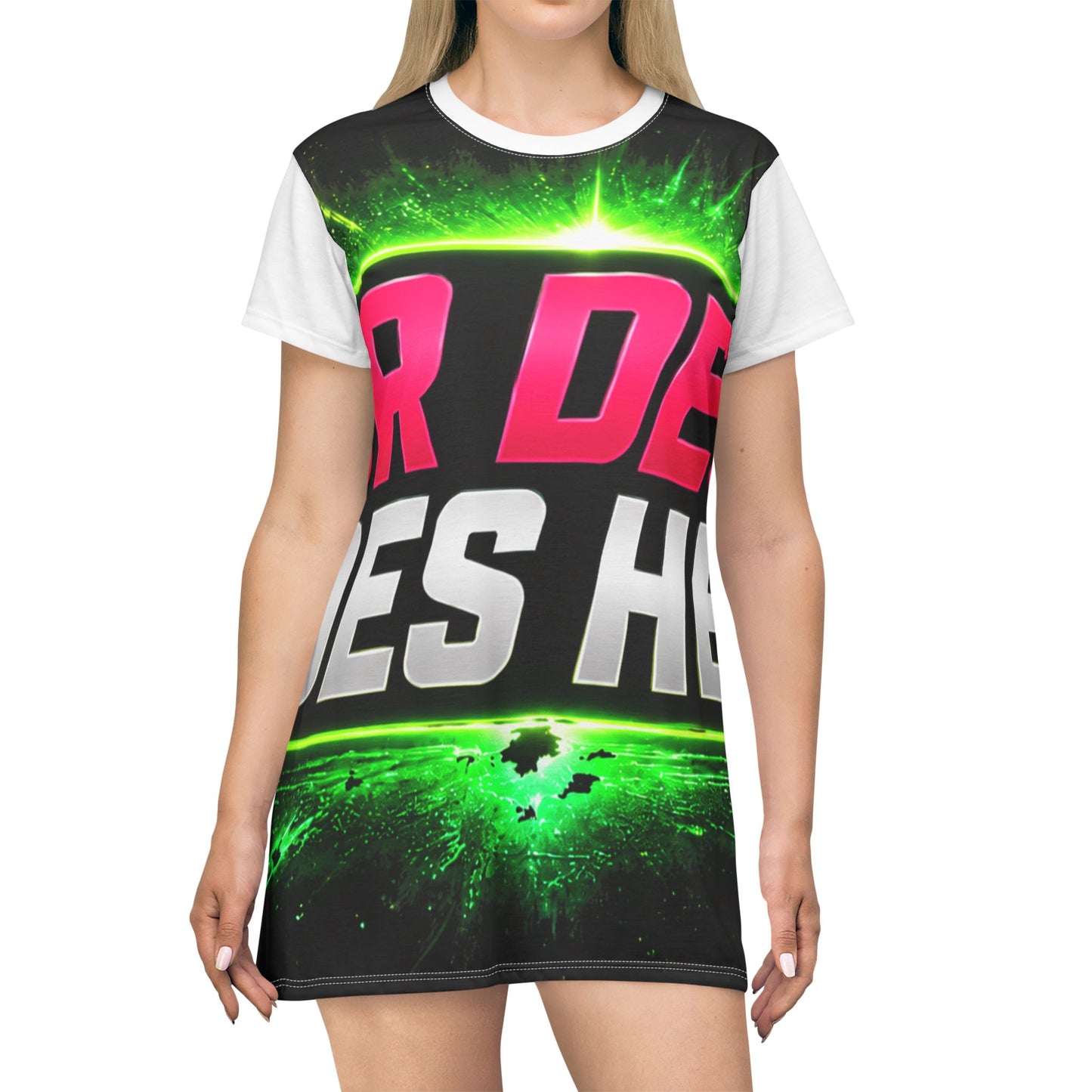 Template Merch Wars Product #027 Graphic T‑Shirt Dress — Neon Green & Pink Energy Print (Custom Text Area)