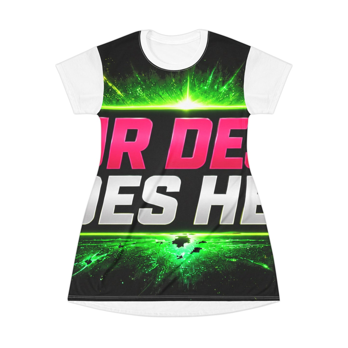 Template Merch Wars Product #027 Graphic T‑Shirt Dress — Neon Green & Pink Energy Print (Custom Text Area)