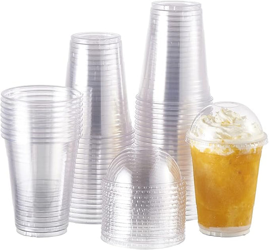 Clear Plastic Cups with domes Lids and Straws, 16 oz 100-Pack