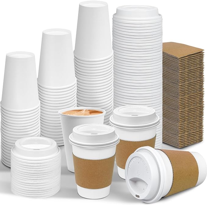 100x Leak-Proof Coffee/ Tea/ Hot Chocolate Cups with Lids and Sleeves