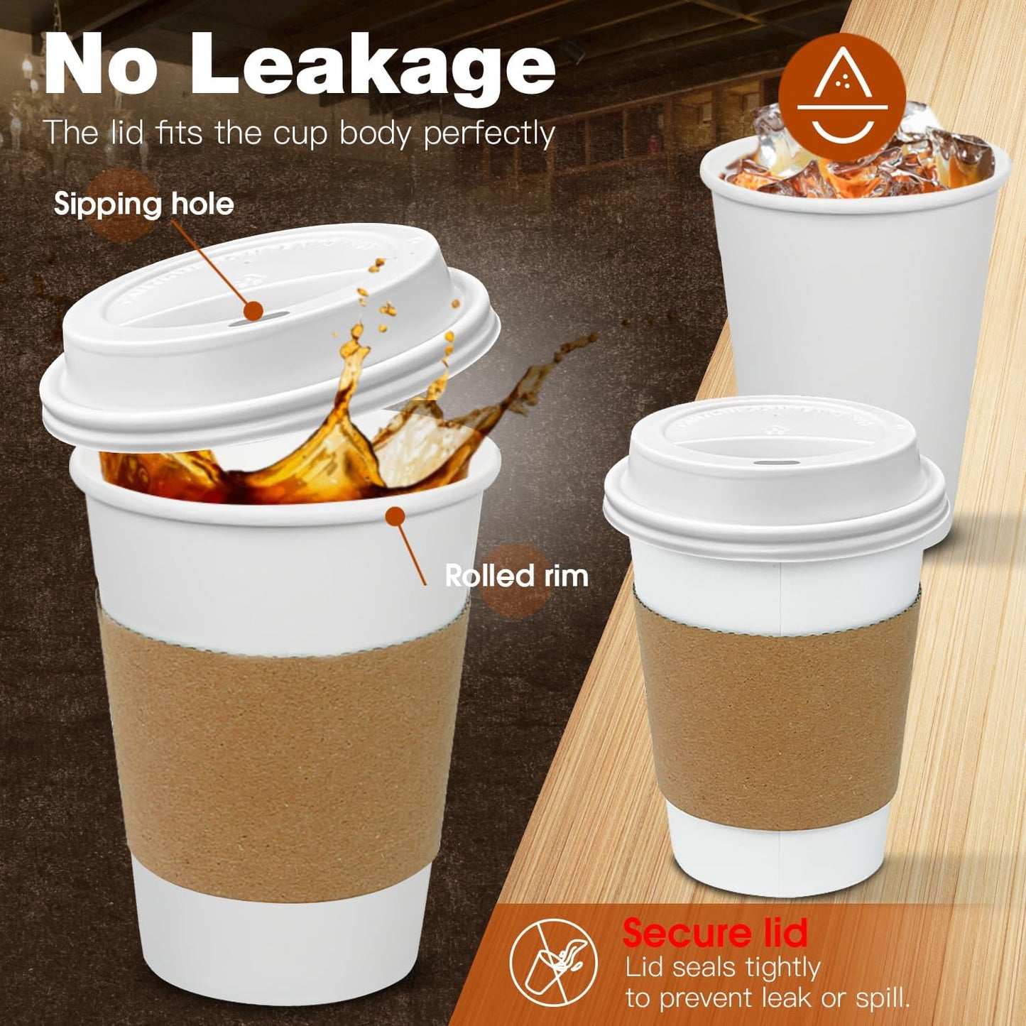 100x Leak-Proof Coffee/ Tea/ Hot Chocolate Cups with Lids and Sleeves