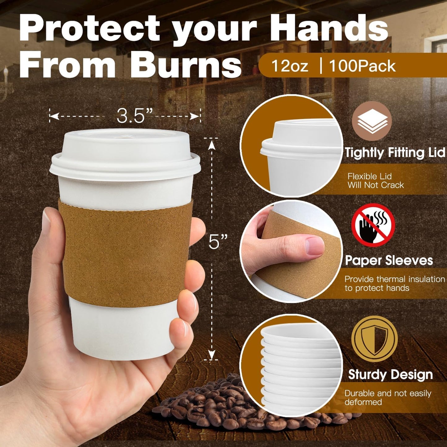 100x Leak-Proof Coffee/ Tea/ Hot Chocolate Cups with Lids and Sleeves