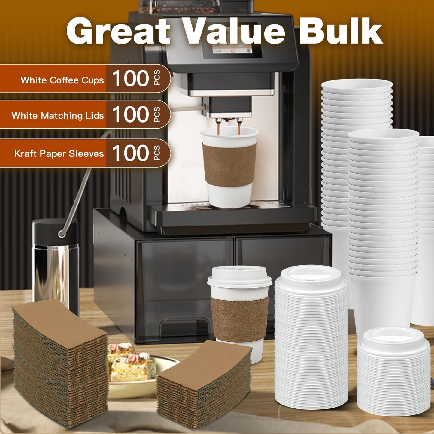 100x Leak-Proof Coffee/ Tea/ Hot Chocolate Cups with Lids and Sleeves